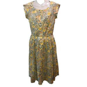Vintage McMULLEN Medium Dress Yellow Blue Floral Round Neck Cap Sleeve Size M ?